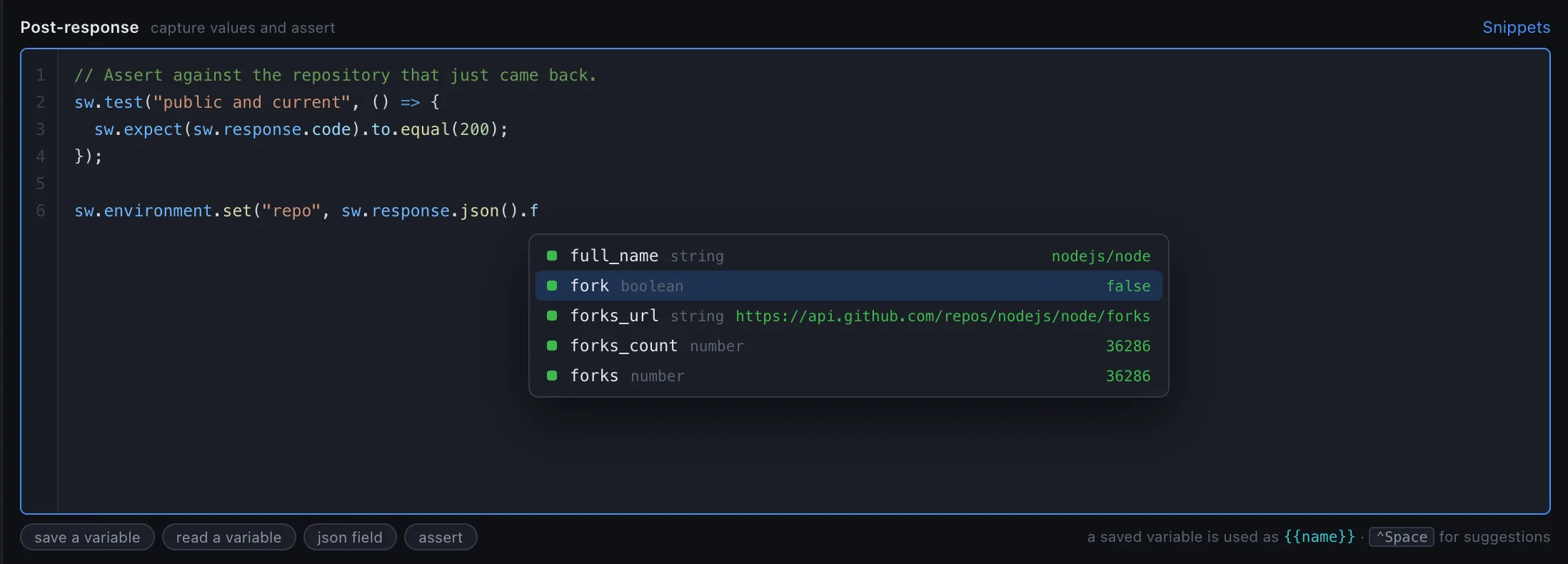 Sendwire's post-response script editor with a JavaScript test coloured by VS Code's grammar, and an open completion list after typing sw.response.json().f — offering full_name, fork, forks_url, forks_count and forks, each with its type and the value the last response returned.