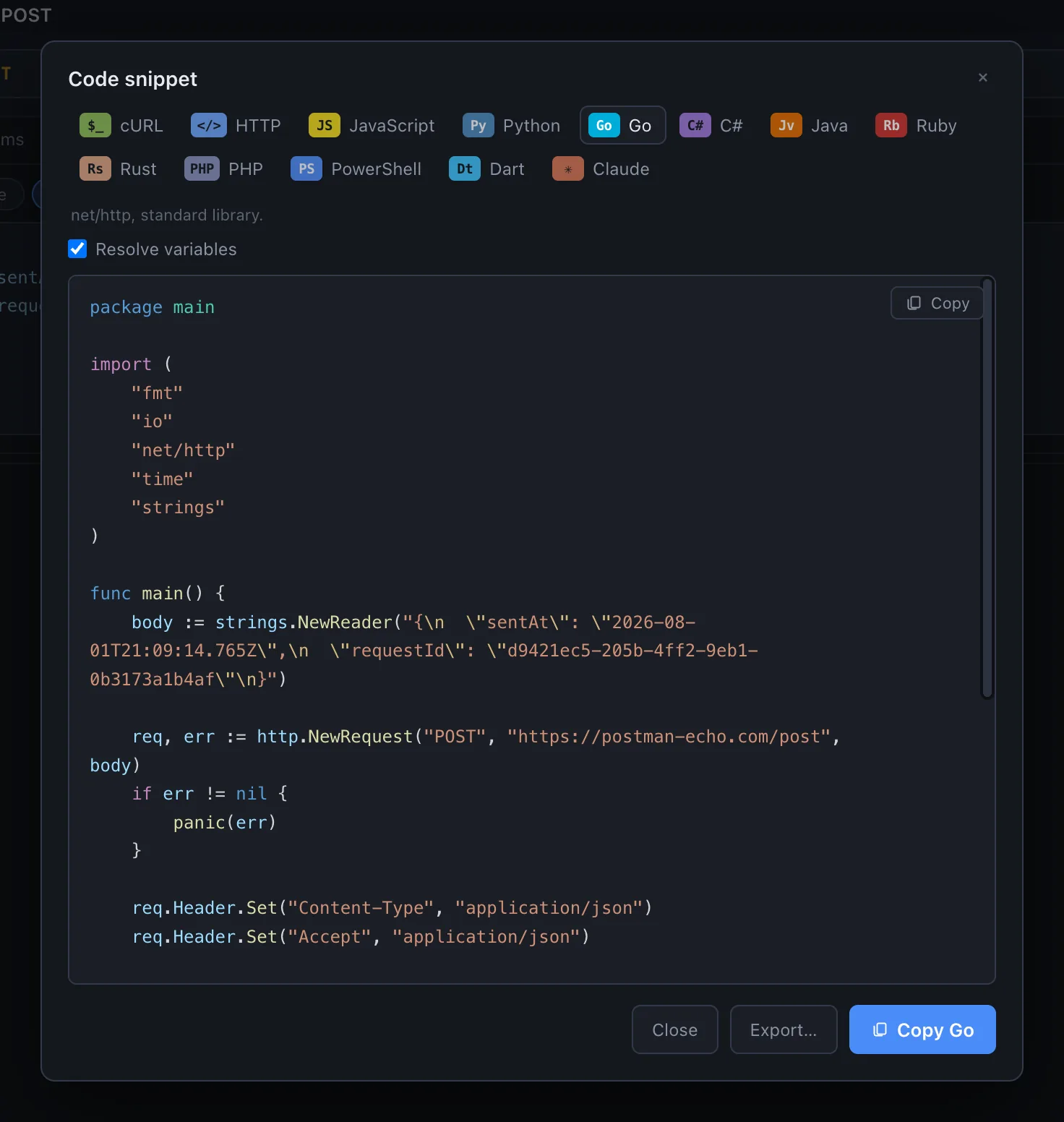Sendwire's Code snippet panel showing thirteen targets — cURL, HTTP, JavaScript, Python, Go, C#, Java, Ruby, Rust, PHP, PowerShell, Dart and Claude — with Go selected and the generated net/http program for a POST with a JSON body.