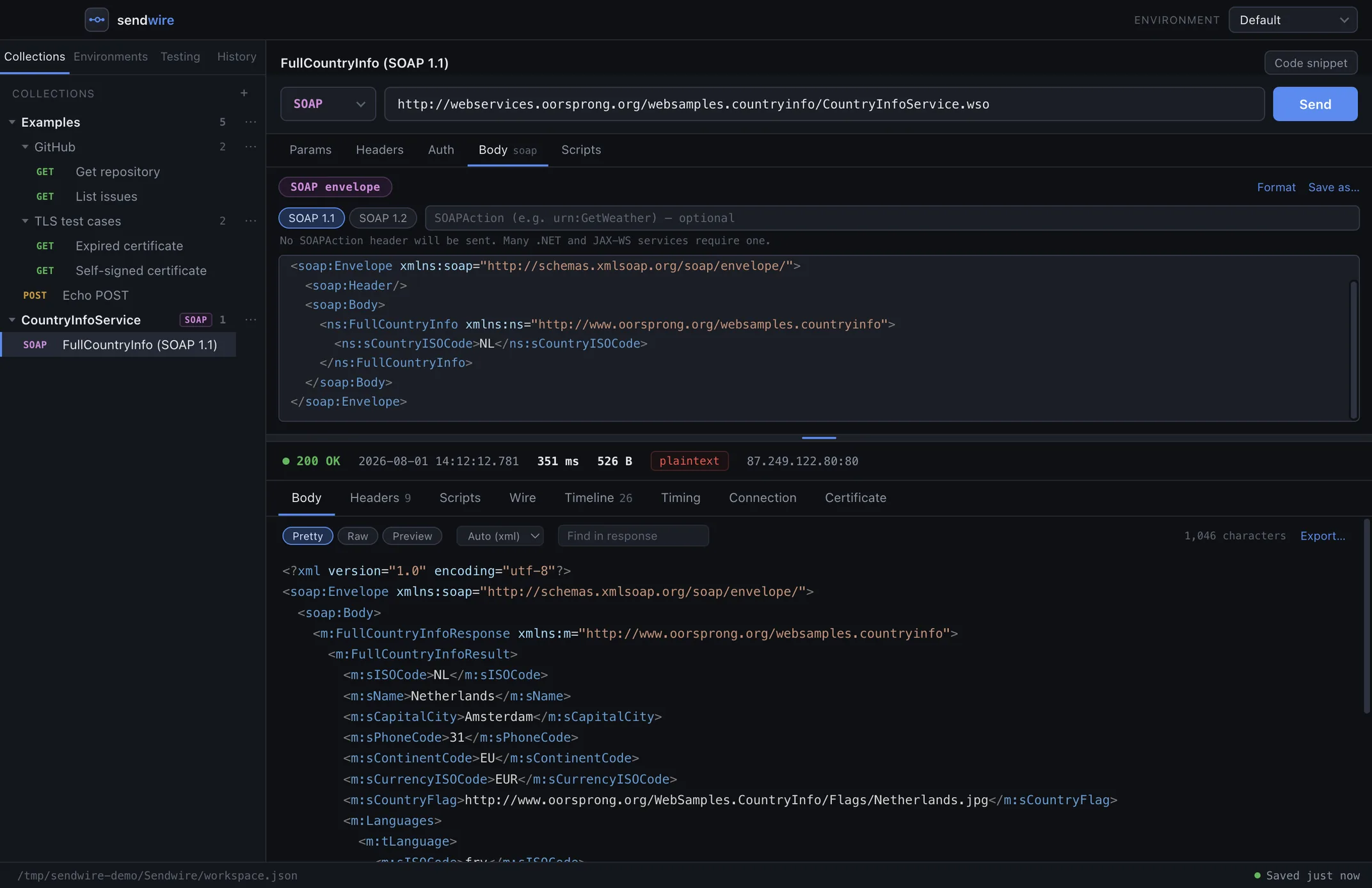 Sendwire sending a SOAP 1.1 request to the public CountryInfoService: the envelope in the request pane with its namespaces and a country code, and below it a 200 OK whose response envelope is syntax-highlighted, showing the Netherlands, Amsterdam, phone code 31 and the currency EUR.