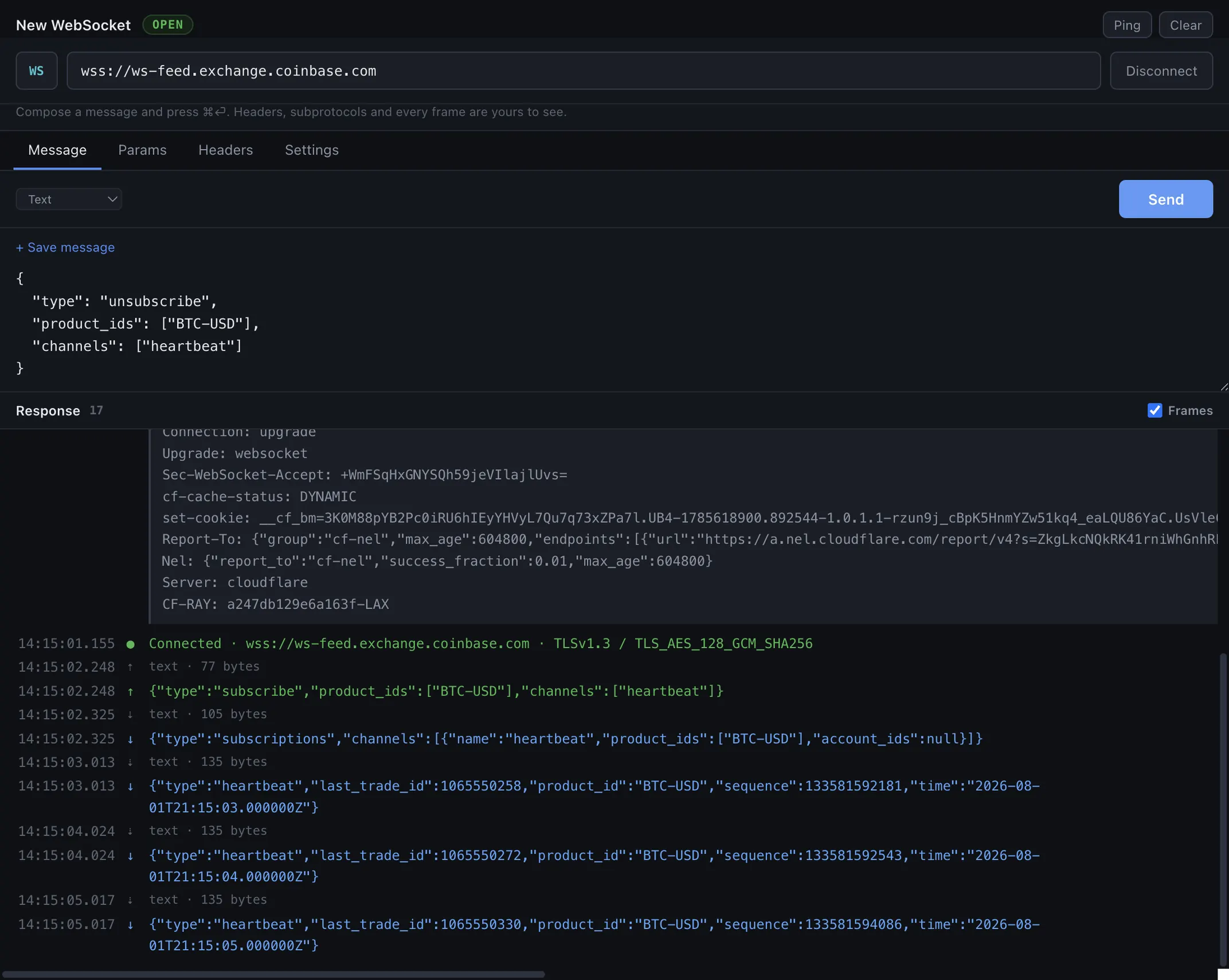 A Sendwire WebSocket session against Coinbase's public market-data feed: the HTTP/1.1 101 Switching Protocols upgrade response with its headers, the connection line showing TLSv1.3 and the negotiated cipher, an outbound subscribe frame, and inbound heartbeat frames each with its opcode and byte count.