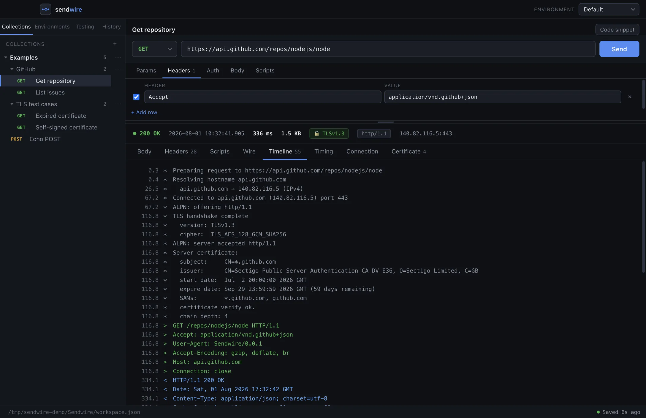Sendwire showing the timeline of a GET to api.github.com — DNS resolution, TCP connect, the TLS 1.3 handshake with its cipher and certificate chain, the request headers, and the 200 OK response.