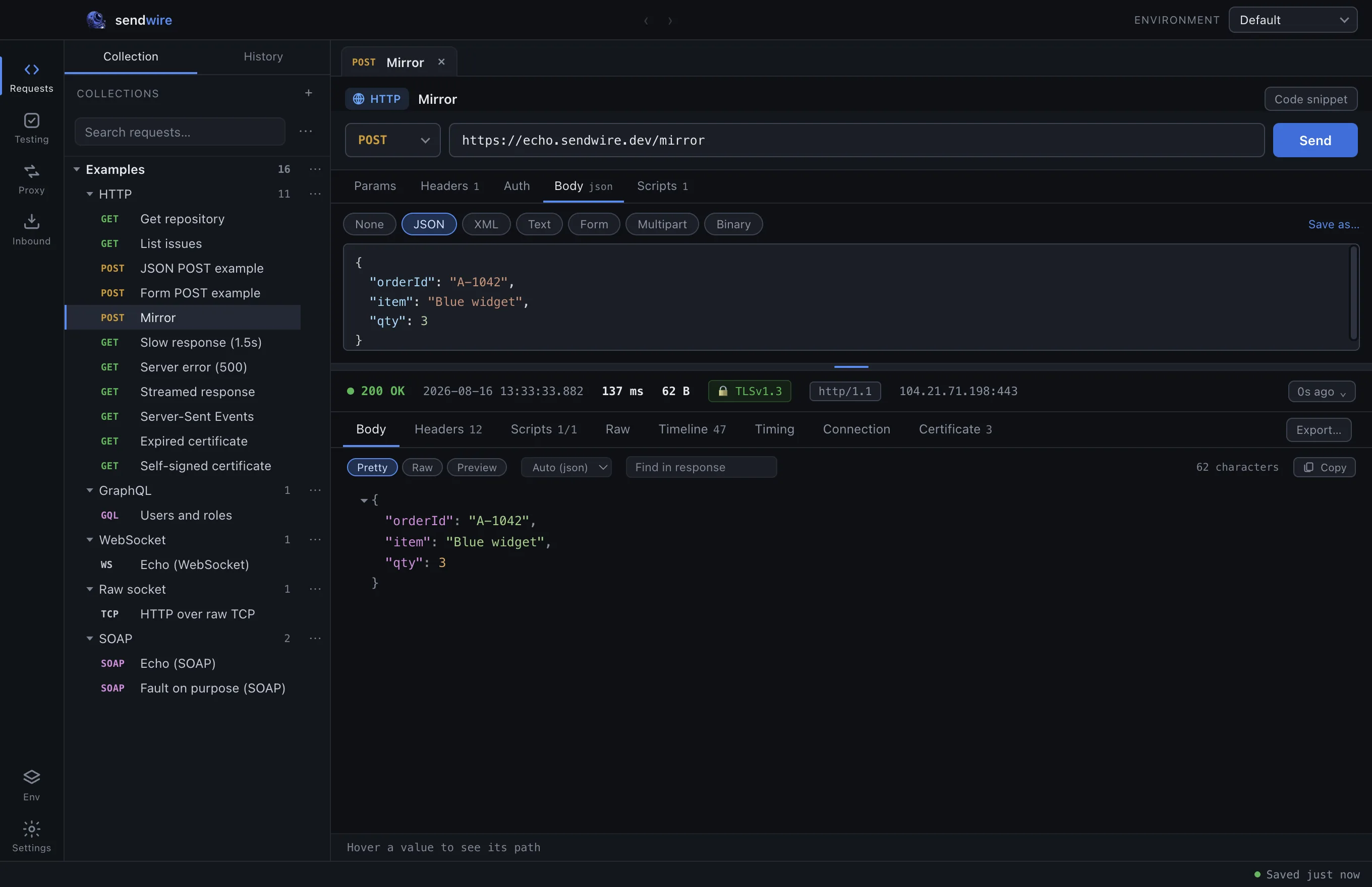 The Sendwire request editor and response pane