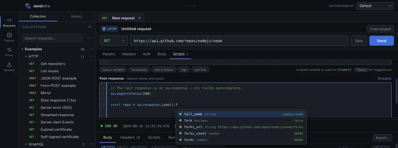 The Scripts tab with autocomplete on the sw API