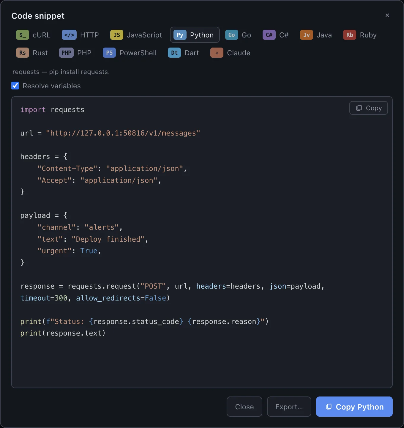 The code-snippet panel generating a request in several languages