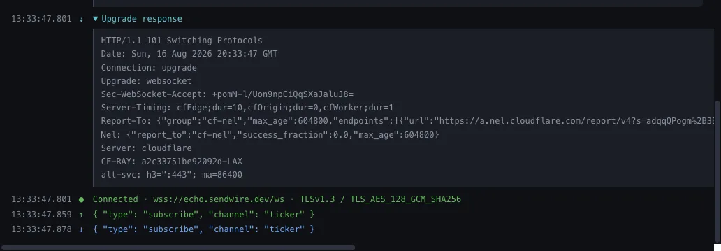 A WebSocket connection with its live frame log, both directions
