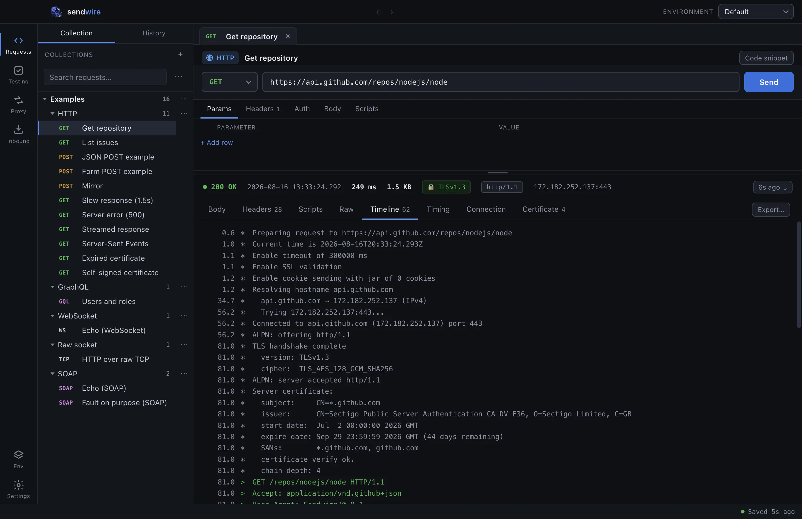 The exchange view: timeline, timing waterfall, connection and certificate tabs