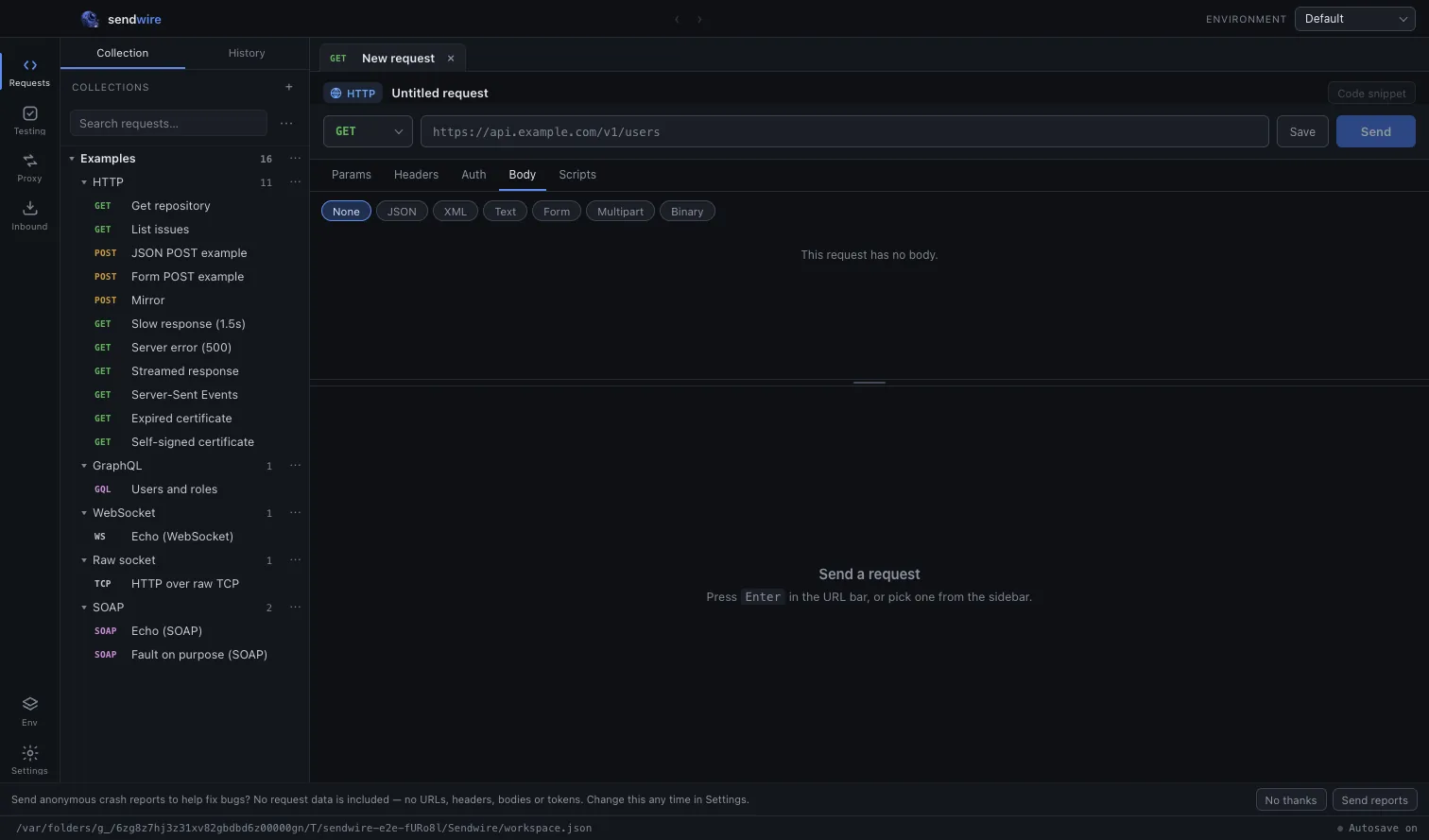 The Body tab's type selector and editor