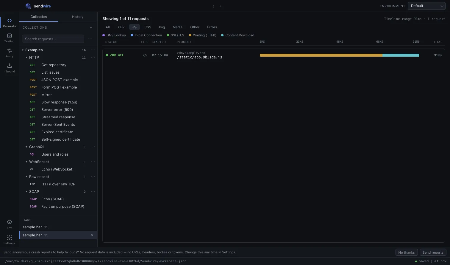 A HAR opened as a jam.dev-style waterfall