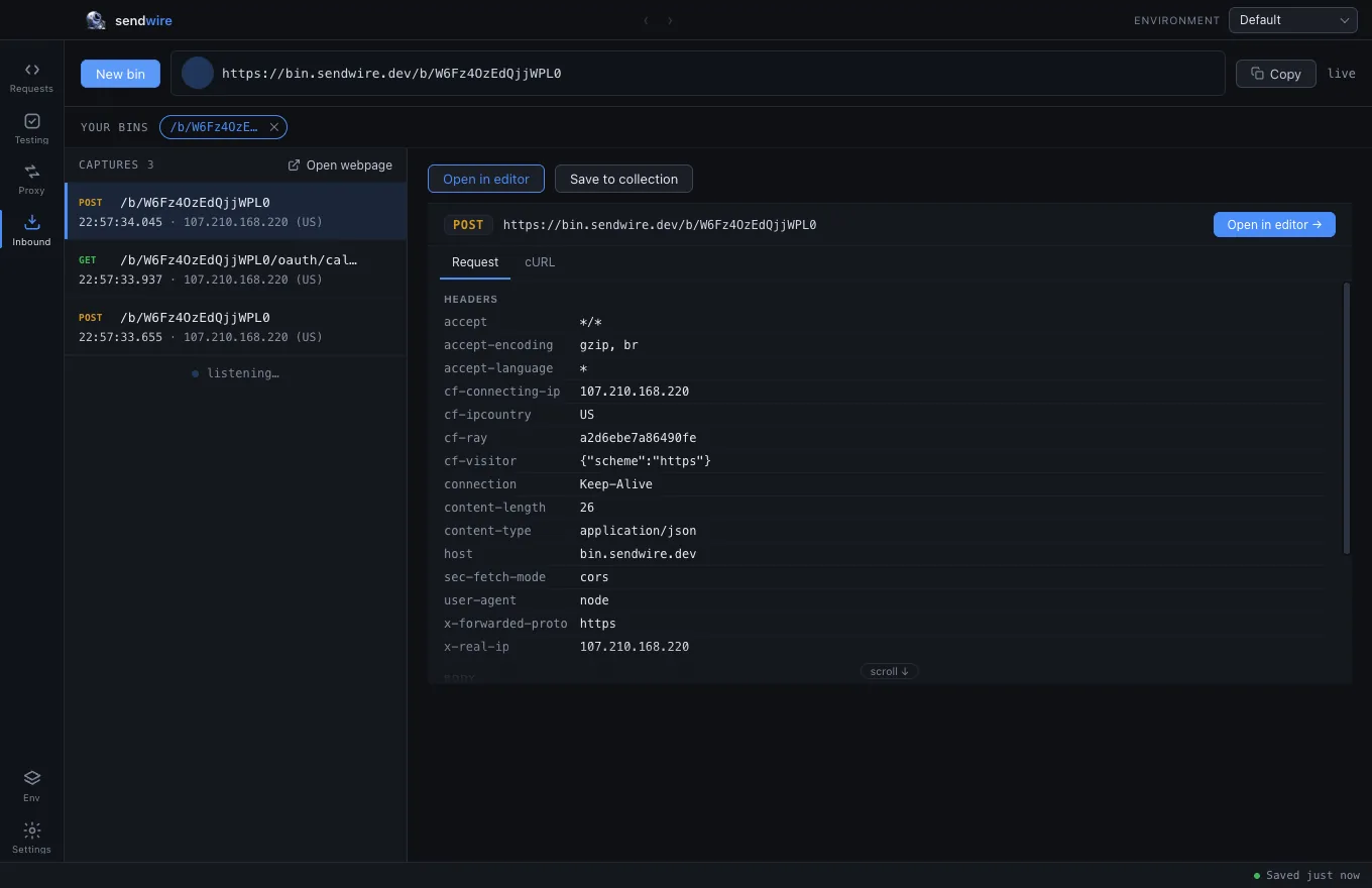 The Inbound view: a bin's capture URL, the live captures list, and one capture's detail