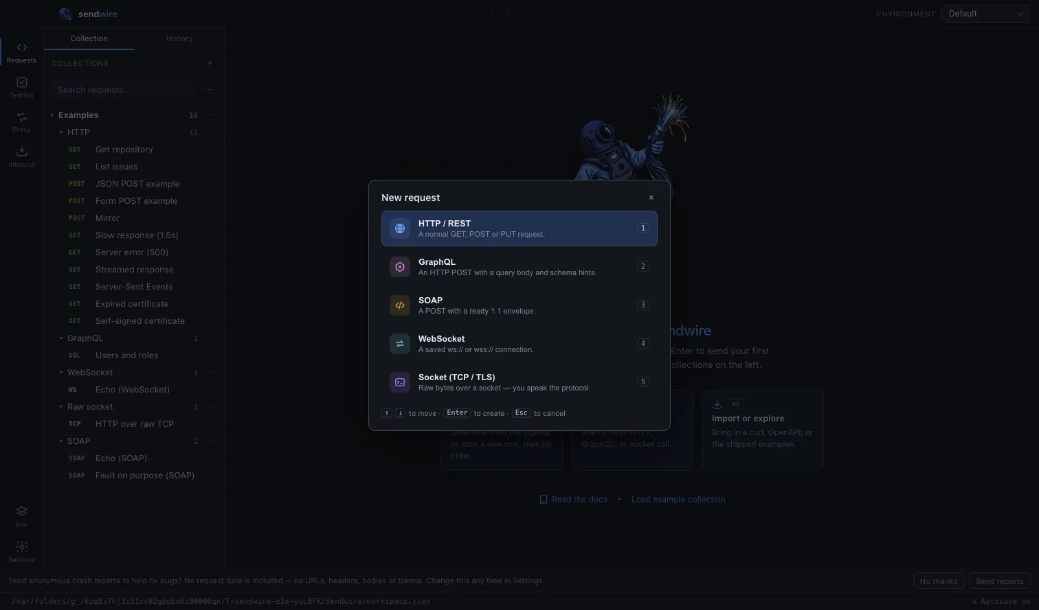 The New request picker: HTTP, GraphQL, SOAP, WebSocket, socket