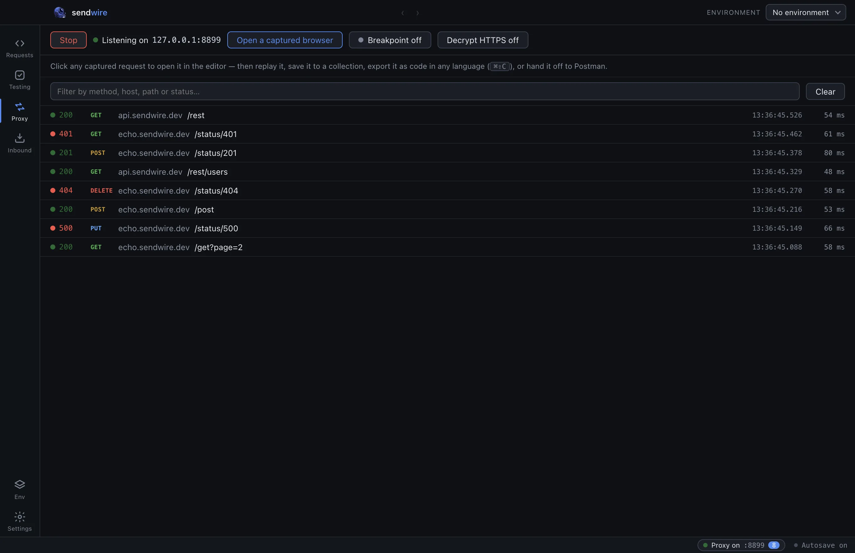 The capture proxy: a live list of requests passing through