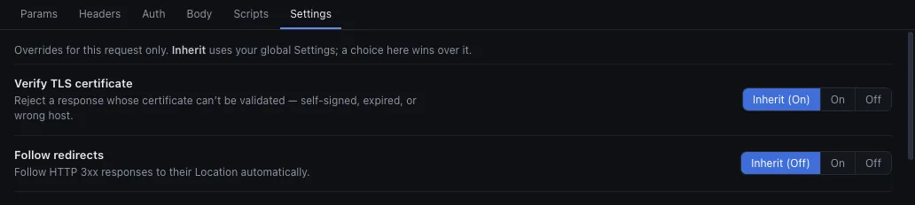 A request's Settings tab, with per-request overrides
