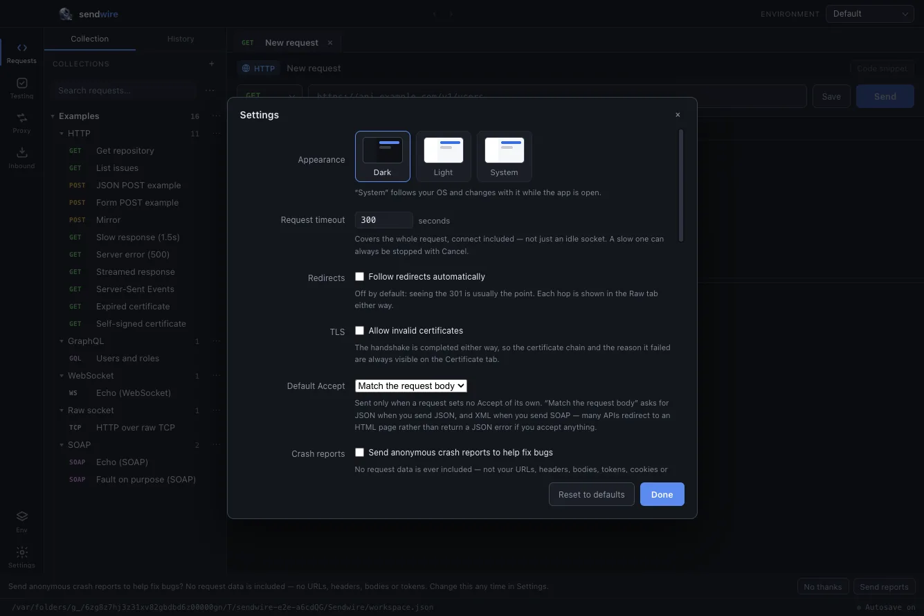 The Settings panel, with the Crash & usage reports toggle