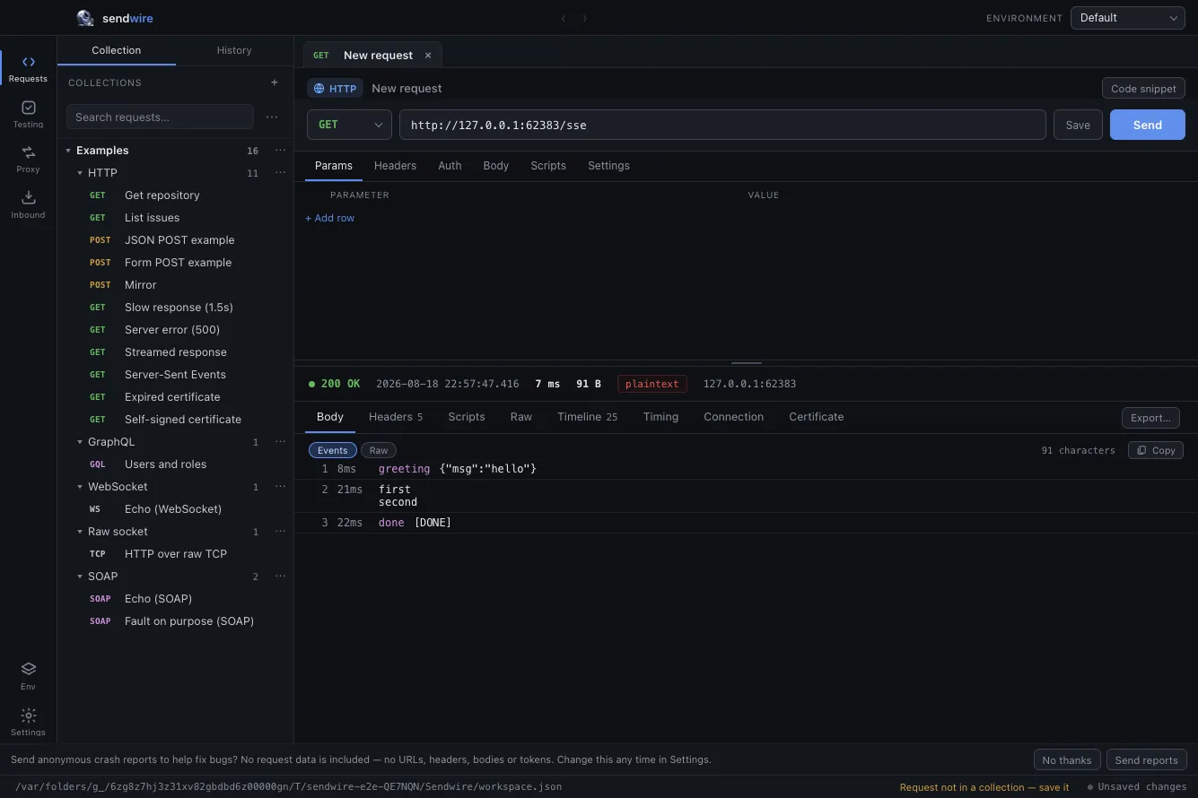 A Server-Sent Events response parsed into rows, each with its arrival time