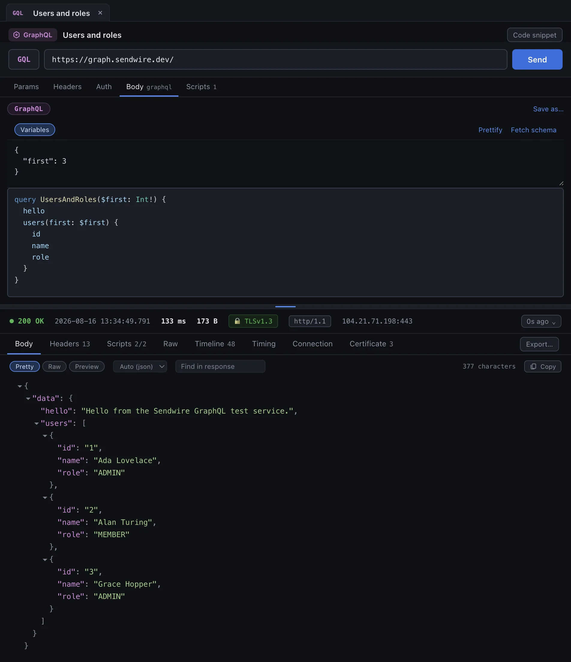 Sendwire running a GraphQL query against graph.sendwire.dev: the UsersAndRoles query and its variables on top, and the JSON response listing three users with their roles below.