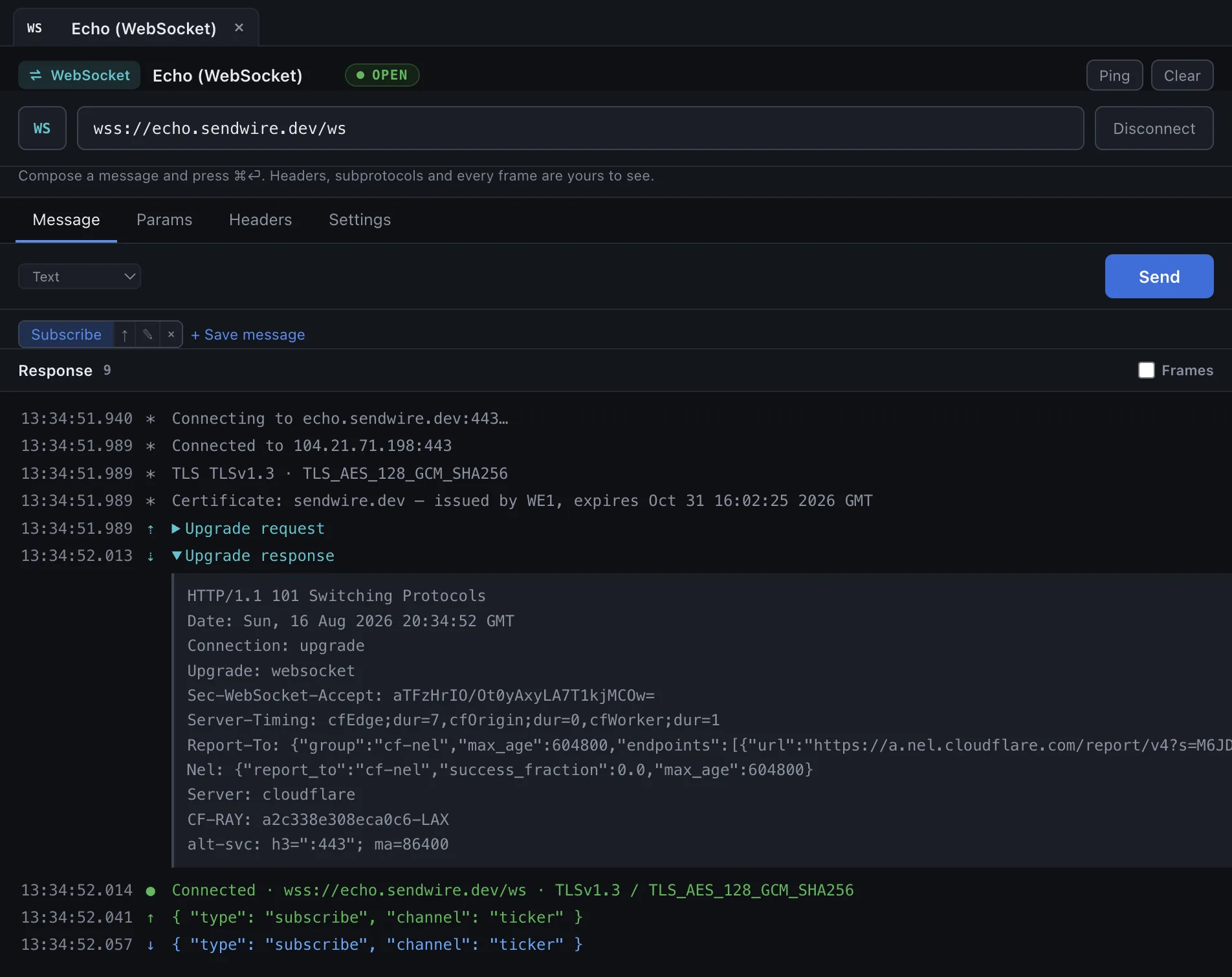Sendwire connected to wss://echo.sendwire.dev/ws: the log shows the TLS connection, the 101 Switching Protocols upgrade with its headers, and a subscribe frame sent and echoed back.